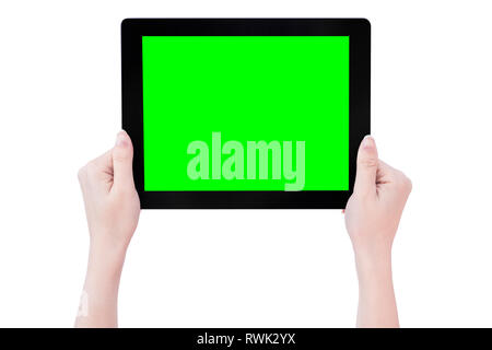 Schöne Mädchen im Teenageralter Holding einen schwarzen tablet pc-Vorlage mit Green Screen auf weißem Hintergrund, Nahaufnahme, Mock up, Beschneidungspfade, Ausschneiden Stockfoto