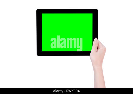 Schöne Mädchen im Teenageralter Holding einen schwarzen tablet pc-Vorlage mit Green Screen auf weißem Hintergrund, Nahaufnahme, Mock up, Beschneidungspfade, Ausschneiden Stockfoto