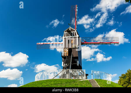 Windmühle aus Holz auf der grasbewachsenen Hügel mit blauem Himmel und flauschige weiße Wolken, Brügge, Belgien Stockfoto