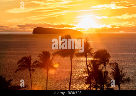 Die Sonne hinter der Silhouette Molokini mit Palmen, Wailea, Maui, Hawaii, Vereinigte Staaten von Amerika Stockfoto