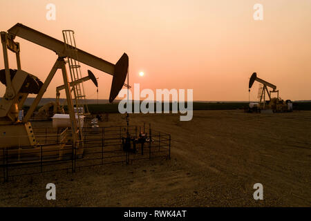 Hohe Ansicht von mehreren pumpjacks bei Sonnenuntergang mit einer warmen, glühenden Sonne Kugel, westlich von Airdrie; Alberta, Kanada Stockfoto