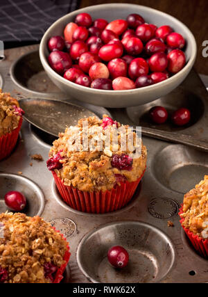 Frisch gebackene cranberry Muffins mit Haferflocken krümeln Richtfest Stockfoto