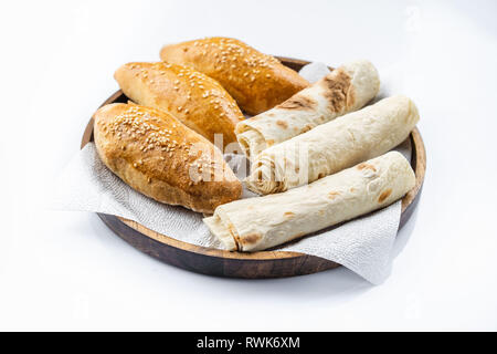 Viele gemischte Brötchen und schossen von oben Stockfoto