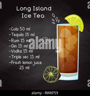 Einfaches Rezept für einen alkoholfreien Cocktail Long Island Ice Tea. Zeichnung Kreide auf einer Tafel. Stock Vektor