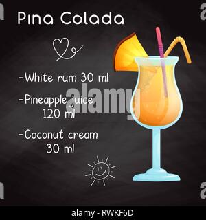 Einfaches Rezept für einen alkoholfreien Cocktail Pina Colada. Zeichnung Kreide auf einer Tafel. Stock Vektor