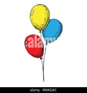 Drei Ballons auf eine Zeichenkette. Hand gezeichnet, auf einem weißen Hintergrund. Vector Illustration. Stock Vektor