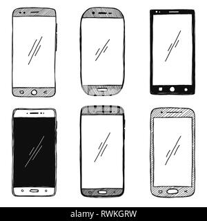 Skizze des Smartphones. Der Satz von Handys ist auf einem weißen Hintergrund. Vector Illustration. Stock Vektor