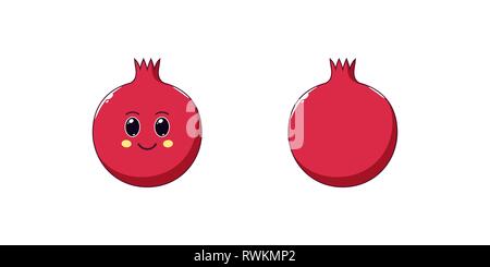 Niedlich Kawaii Granat, Cartoon reife Früchte. Vector Illustration von Cartoon Granatapfel mit freundlichen Augen und Lächeln, lustige Emoji. Saftig fruchtig Aufkleber. Kind Stock Vektor