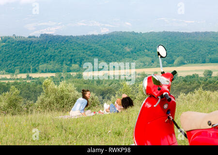 Freunde, Genießen, Picknick, Roller im Vordergrund Stockfoto