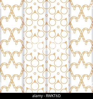 Satz von 4 Frohes neues Jahr 2019 und Weihnachten nahtlose Muster. Vector Illustration mit Zuckerstangen und Weihnachtskugeln. Design für die Verpackung, Stoff, Pr Stock Vektor