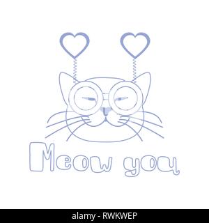 Vector Illustration mit Schnauze von cat im Karneval Gläser mit Herzen. Grußkarte Happy Valentine's Day. Romantische Hintergrund. Karneval festliche con Stock Vektor