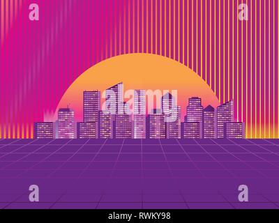 Retro-futuristischen Stadt im Stil der 80er Jahre. Cyberpunk und retrowave Stil. Stadtbild der Zukunft megapolis vor der Kulisse des Sonnenuntergangs. Ve Stock Vektor