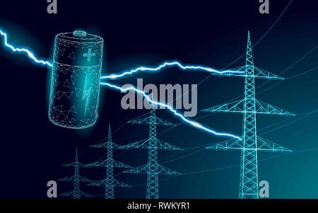 Polygonale Alkaline Batterie power line berechnet. Hohe Spannung der elektrischen Turm pylon. Lightning Thunder Low Poly polygon Partikel Raum dunkler Himmel Stock Vektor