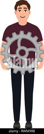 Der Kerl hält das Getriebe und die Zahnradbahn, eine fröhliche Menschen, ein Zeichen in einem Cartoon Stil Stock Vektor