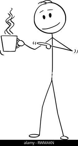 Cartoon von Mann hält und zeigen auf Tasse heißen Getränk, Kaffee oder Tee Stock Vektor