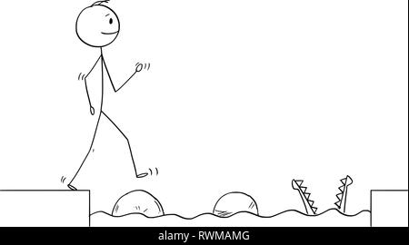 Cartoon von Mann oder Geschäftsmann auf Steine über Wasser Hindernis zu erhalten Stock Vektor