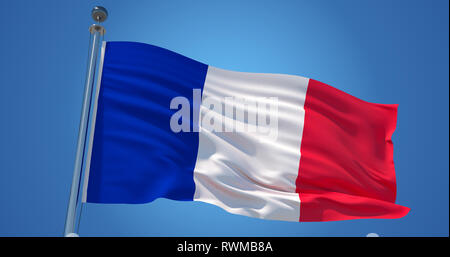 Flatternden Seide Flagge Frankreichs. Französisch offizielle Fahne im Wind gegen den klaren blauen Himmel. 3D-Rendering Stockfoto