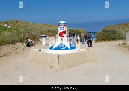 Die 0 km Liberty Marker (oder 'getragen') am Utah Beach, Normandie, Frankreich. Stockfoto