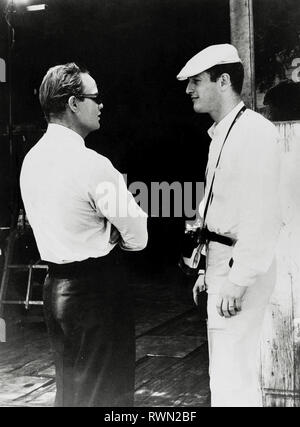 Paul Newman, Marlon Brando, am Set von Brando's Film "Der Flüchtling Art' in Milton, New York, (1959). Newman's Frau Joanne Woodward war einer der Stars des Films. Datei Referenz # 33751 550 THA Stockfoto