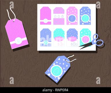 Geschenkanhänger mit Eiern, Herz und Kaninchen. Abbildung Frühling Farben Aquamarin, türkis, pink, blau. Silhouetten bunny und Herzen. Geeignet für die Einrichtung Stock Vektor