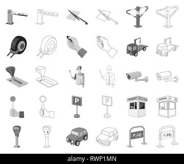 Aktivierung, Alarm, Kunst, Telefonzentrale, Barricade, Schranke, Fahrrad, Stand, Kamera, Auto, Klammer, Münze, Sammlung, Konstruktion, Design, Ausstattung, feine, Hand, Besitz, Icon, Illustration, isoliert, Logo, Meter, monochrom, Outline, bezahlt, Parken, Straße, Regel, Sicherheit, Service, Satz, Zeichen, Stop, Symbol, Maut-, Schlepp-, Getriebe-, Lkw-, Vektor-, Web-, Rad- zone Vektor Vektoren, Stock Vektor