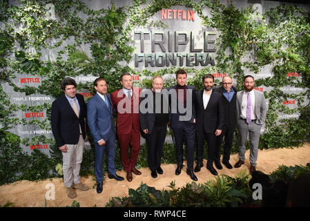 Madrid, Spanien. 06 Mär, 2019. 'Triple Frontier' cast darstellen, da sie für die Premiere des Films in Callao Kino in Madrid angekommen. Credit: Jorge Sanz/Pacific Press/Alamy leben Nachrichten Stockfoto