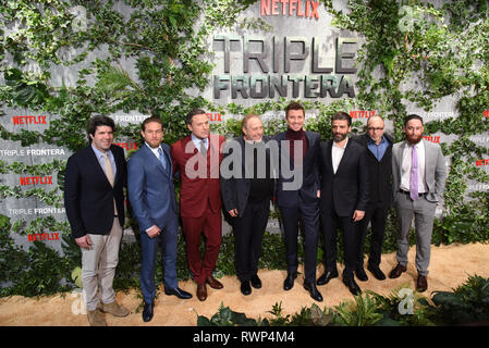 Madrid, Spanien. 06 Mär, 2019. 'Triple Frontier' cast darstellen, da sie für die Premiere des Films in Callao Kino in Madrid angekommen. Credit: Jorge Sanz/Pacific Press/Alamy leben Nachrichten Stockfoto