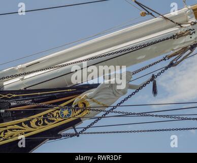 Die Galionsfigur des Cutty Sark Clipper Ship, Schwanz des Pferdes von Tam O'Shanter. Stockfoto