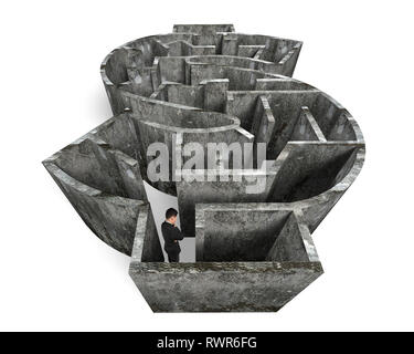 Mann in Geld Form Labyrinth mit dreckigen Beton texturiert, isoliert auf Weiss. Stockfoto