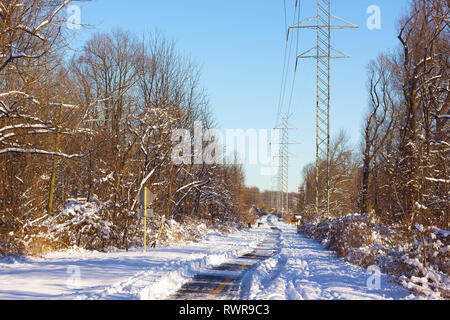 Gepflasterte Wandern und Bike Trail im Winter. Schnee auf dem Boden und Zweige nach Schneefall in Falls Church, VA, USA. Stockfoto