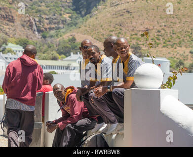 Gruppe der afrikanischen Männer in traditionellen afrikanischen Design und Muster shirts sitzen auf einer Mauer im Freien in Simonstown, Kap, Südafrika gekleidet Stockfoto