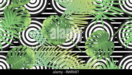 Schönen tropischen abstrakte Farbe und grüne Palmenblättern nahtlose Vektor Muster auf dem Hintergrund der geometrischen diagonale schwarze und weiße Linien Stock Vektor