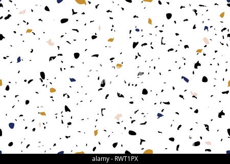 Nahtlose Wiederholung terrazzo Muster in Blau, Gelb, Pastell rosa und schwarz auf weißem Hintergrund. Trendige und stilvolle Composite Stone Texture, Tapeten, Stock Vektor