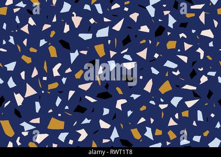 Nahtlose Wiederholung terrazzo Muster in Blau, Gelb, Pastell rosa und Schwarz auf dunkelblauem Hintergrund. Trendige und stilvolle Composite Stone Textur, wallpa Stock Vektor