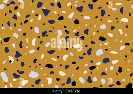 Nahtlose Wiederholung terrazzo Muster in blau, pink und schwarz auf gelbem Hintergrund. Trendige und stilvolle Composite Stone Texture, Wallpaper, Web ba Stock Vektor