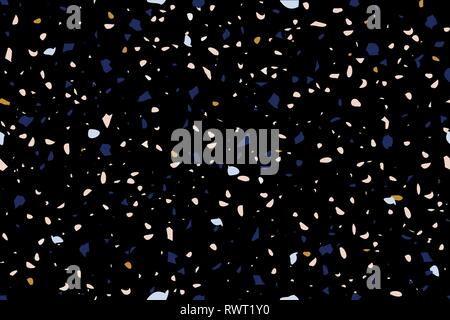 Nahtlose Wiederholung terrazzo Muster in Blau, Gelb, Pastell rosa und weiß auf schwarzem Hintergrund. Trendige und stilvolle Composite Stone Texture, Tapeten, Stock Vektor