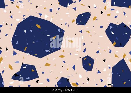 Nahtlose Wiederholung terrazzo Muster in Blau, Gelb, Schwarz und Weiß auf Pastell rosa Hintergrund. Trendige und stilvolle Composite Stone Texture, Tapeten, Stock Vektor