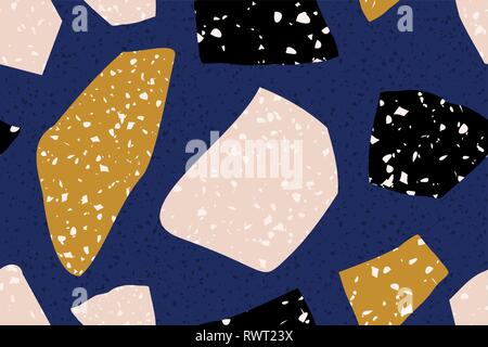 Nahtlose Wiederholung terrazzo Muster in Blau, Gelb, Pastell rosa und Schwarz auf dunkelblauem Hintergrund. Trendige und stilvolle Composite Stone Textur, wallpa Stock Vektor