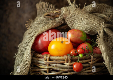 Frische Bio Tomaten in alten Weidenkorb. Close-up Stockfoto