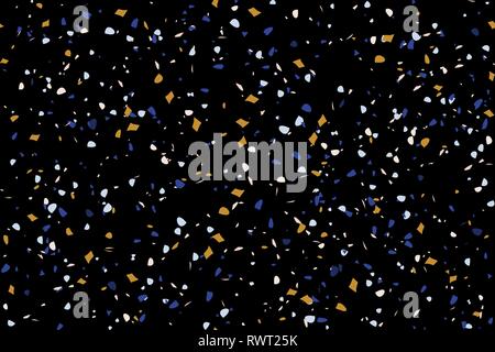 Nahtlose Wiederholung terrazzo Muster in Blau, Gelb, Pastell rosa und weiß auf schwarzem Hintergrund. Trendige und stilvolle Composite Stone Texture, Tapeten, Stock Vektor