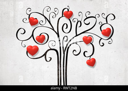 3D-Rendering der weißen Wand mit dekorativen Zeichnung der Baum mit niedlichen kleinen roten Herzen zum Valentinstag auf den Ästen. Stockfoto