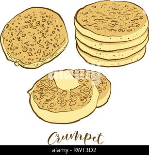 Farbige Skizzen von crumpet Brot. Vektor Zeichnung von Fladenbrot Essen, in der Regel in Großbritannien bekannt. Farbige Brot Abbildung Serie. Stock Vektor