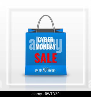 Cyber Monday im Verkauf. Realistisches Papier Einkaufstasche mit auf weißem Hintergrund Griffe isoliert. Vector Illustration. Stock Vektor