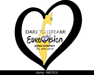 Eurovision Song Contest 2019. Text Dare To Dream. Eurovision auf weißem Hintergrund. Stockfoto