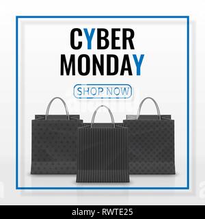 Cyber Monday im Verkauf. Realistisches Papier Einkaufstasche mit auf weißem Hintergrund Griffe isoliert. Vector Illustration. Stock Vektor