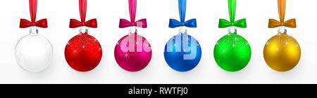Transparente und bunte Weihnachten und Neues Jahr Spielzeug, Kugeln mit Schnee Effekt und Bogen gesetzt. Xmas Glaskugel, Rot und Blau, Grün und Violett traditionelle Stock Vektor