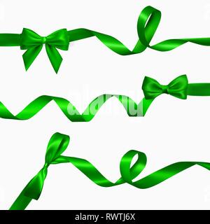 Festlegen von realistischen grünen Bogen mit langen gewelltes Grün Ribbon. Element für die Dekoration Geschenke, Grüße, Urlaub, Valentines Tag Design. Vektor illustratio Stock Vektor
