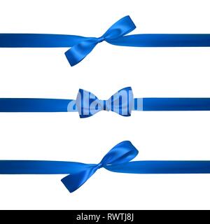 Realistische blauer Schleife mit horizontalen blauen Bändern isoliert auf Weiss. Element für die Dekoration Geschenke, Glückwünsche, Feiertage. Vector Illustration. Stock Vektor