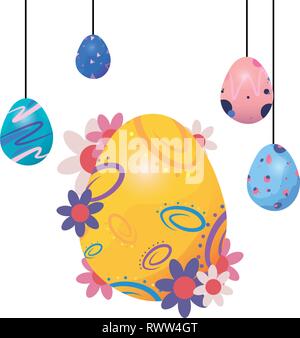 Hängende Eier bemalt Frohe Ostern Vector Illustration Stock Vektor