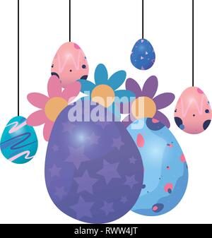 Hängende Eier bemalt Frohe Ostern Vector Illustration Stock Vektor